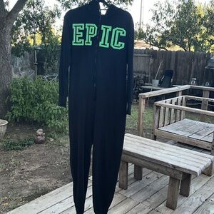 Epic men’s onesie. Black with green glow Epic on front. Front pockets. Zip. F.